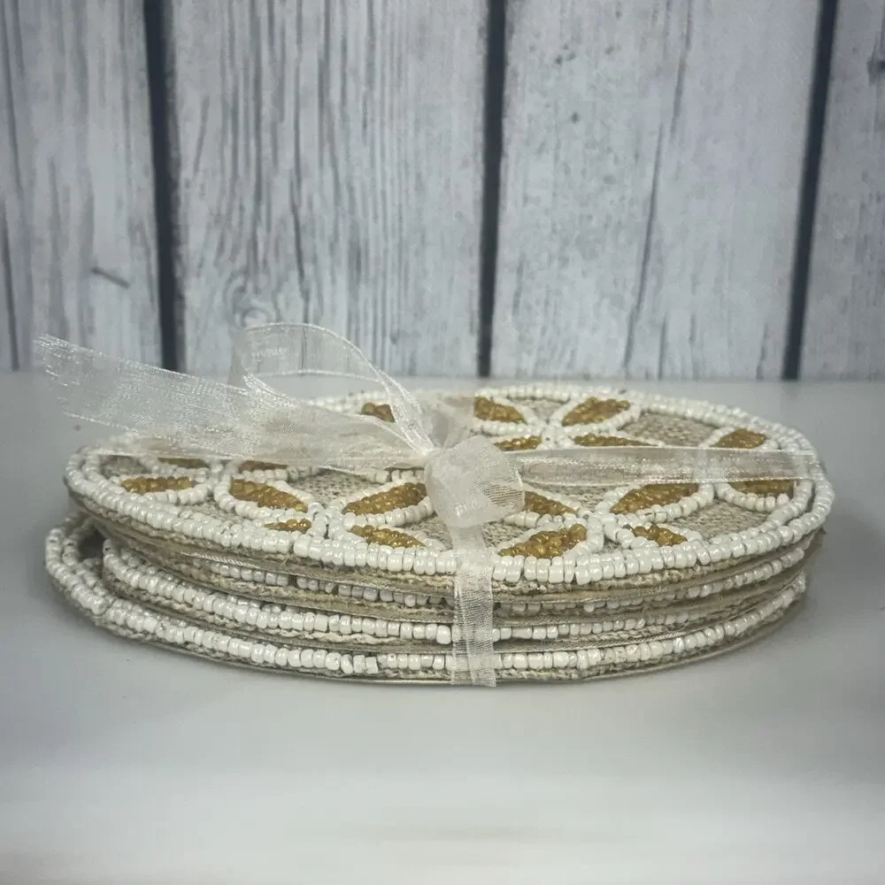 Pier 1 Imports Easter Beaded Egg Yellow White Daisy Coaster Set of 4 NWT